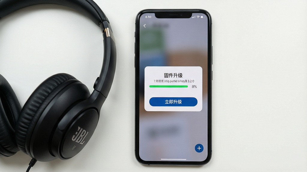 主体:手机屏幕显示“固件升级”弹窗,进度条达到百分之八十,下方有“立即升级”按钮,旁边放置一款黑色JBL头戴式耳机,布局手机居中耳机在左,排版简洁,风格务实,细节包括固件版本号“3.2.0”、电量图标,画质高清,干净,无多余元素