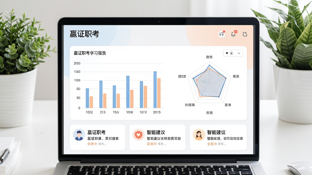 展示“嬴证职考”学习报告页面的截图,屏幕中显示柱状图与雷达图,下方有智能建议卡片,背景为白色办公桌与绿植,界面色彩柔和,文字清晰,画质细腻,干净无多余元素