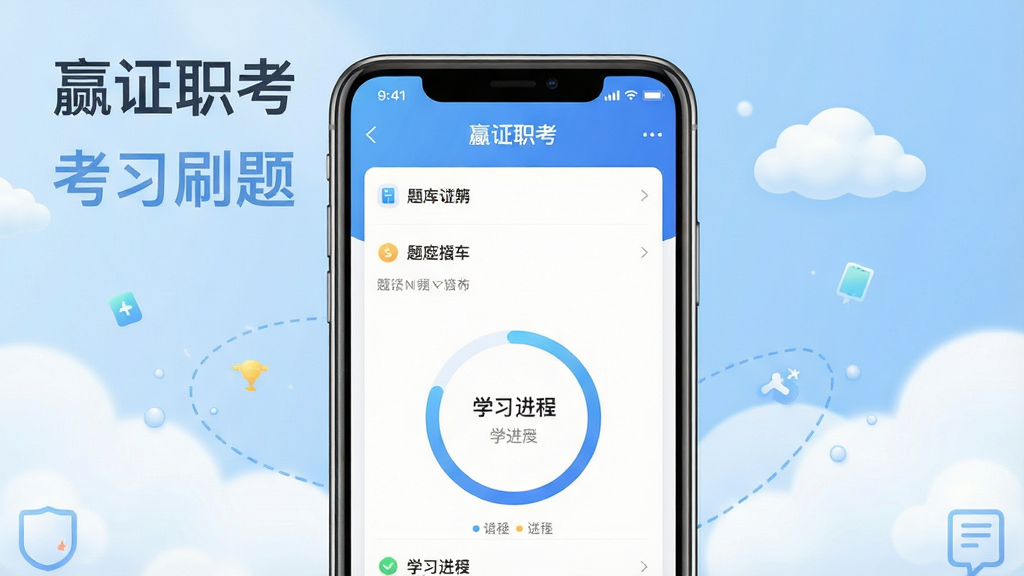 一张展示“嬴证职考”软件界面全貌的高清宣传图,画面中央是手机框架,屏幕内显示题库列表与学习进度环,背景为浅蓝渐变与白色云朵,整体风格简洁现代,突出软件名称与“考证刷题”字样,画质细腻,干净无多余元素