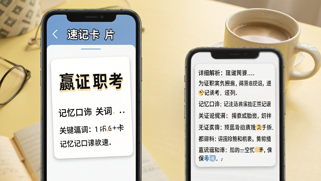 展示“嬴证职考”速记卡片功能的手机界面,卡片正面是关键词与记忆口诀,反面是详细解析,背景为浅黄色书桌与咖啡杯,整体风格温馨,文字醒目,画质干净无杂物