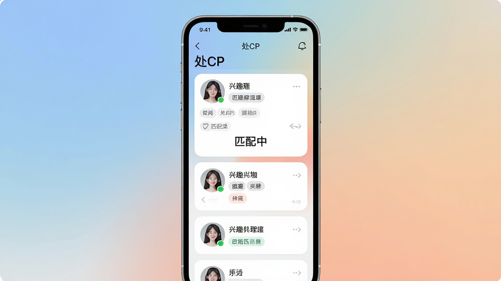 一张展示处CP智能匹配功能的界面截图,主体是手机应用内的推荐卡片,卡片上显示用户头像和兴趣标签,布局采用列表式排版,背景为柔和的渐变色,风格简洁现代,细节处突出“处CP”品牌名称和“匹配中”状态,画质干净清晰,无多余元素