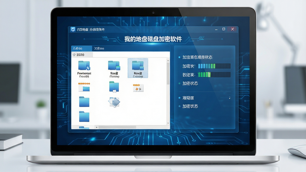 一张高清的产品宣传图,主体是笔记本电脑屏幕中显示“我的地盘磁盘加密软件”的主界面,界面以蓝色科技感为主调,左侧有分区列表,右侧显示加密状态,整体布局干净,风格写实,细节清晰,画质干净无多余元素