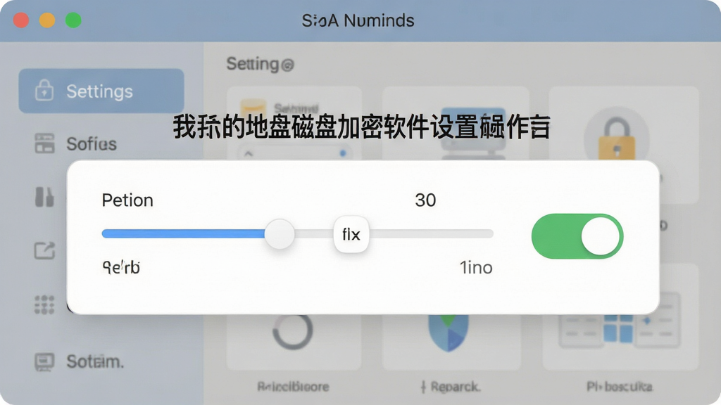 一张操作示意图,主题为“我的地盘磁盘加密软件”的自动锁定设置,画面中有时间滑块和开关按钮,背景为设置面板,风格扁平化,色彩柔和,布局规整,细节清晰,画质高,无文字