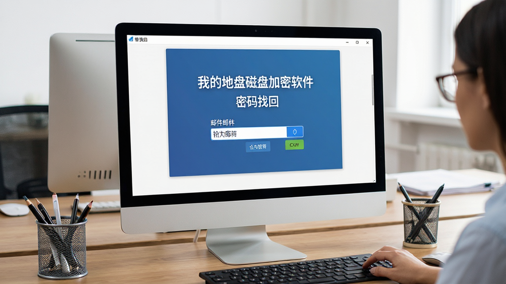 一张客服帮助场景图,主体为电脑屏幕显示“我的地盘磁盘加密软件”的密码找回界面,正在输入邮箱验证码,背景为办公桌面,布局居中,风格写实,细节清晰,画质干净无多余元素
