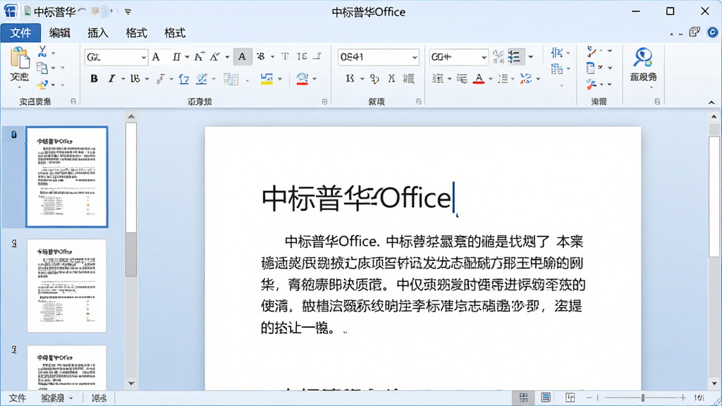 主体:中标普华Office软件主界面,展示文字处理文档编辑页面,背景为淡蓝色渐变,界面简洁明亮。布局:左侧为文档缩略图导航栏,中间为编辑区域显示一段中文文字,上方为功能菜单工具栏。排版:窗口比例16:9,菜单栏包含“文件”“编辑”“插入”“格式”等选项。风格:现代扁平化UI设计,色彩清新,采用“中标普华”品牌蓝色主色调。细节:文档中显示“中标普华Office”字样,光标闪烁,工具栏图标清晰。画质:高分辨率,干净无多余元素,突出办公软件的专业与易用。