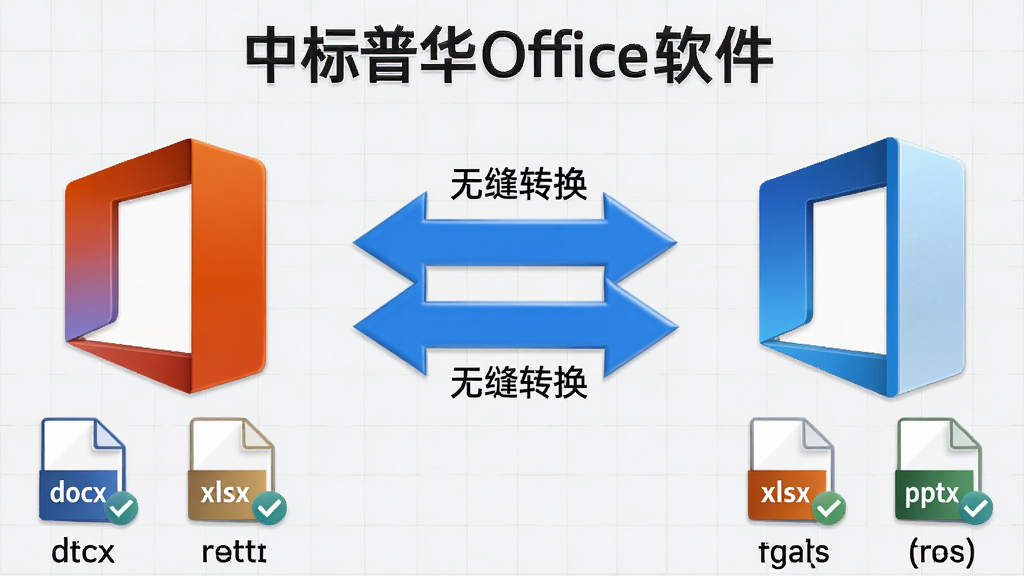 主体:中标普华Office软件中的格式兼容示意图,左侧为微软Office图标,右侧为中标普华Office图标,中间用双向箭头连接,背景为浅灰色网格。布局:居中对称构图,图标下方分别标注“docx”“xlsx”“pptx”等格式名称。排版:简洁清晰,箭头指向明确。风格:商务科技感,蓝白配色,图标立体。细节:箭头旁显示“无缝转换”字样,文件图标带有对勾标记。画质:高清渲染,干净无多余元素,体现兼容性与可靠性。