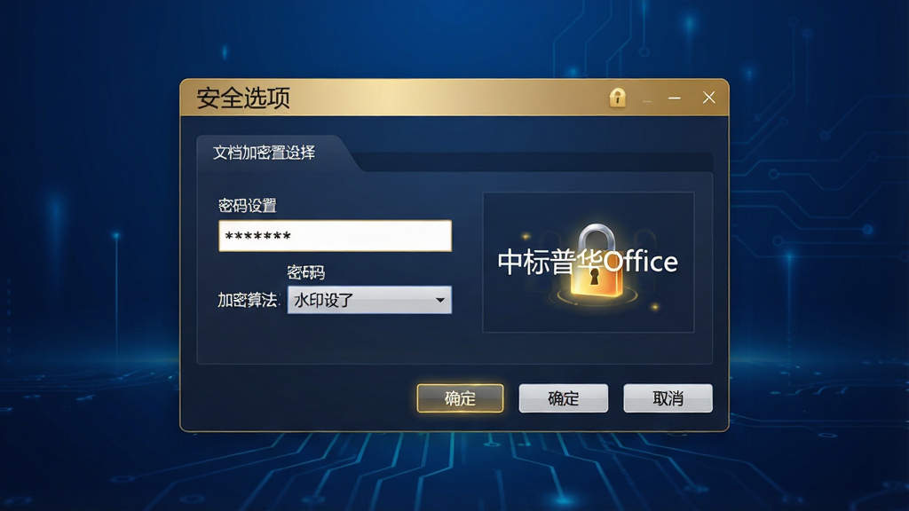 主体:中标普华Office安全功能界面,显示文档加密与水印设置面板,背景为深蓝色科技感渐变。布局:中央为加密设置窗口,包含密码输入框、加密算法选择下拉菜单,底部为“确定”“取消”按钮。排版:界面层次分明,顶部标题栏显示“安全选项”。风格:企业级安全软件风格,沉稳大气,金色点缀。细节:密码框显示星号,水印预览显示“中标普华Office”字样,锁形图标发光。画质:精细,干净,无多余元素,突出安全可靠特性。