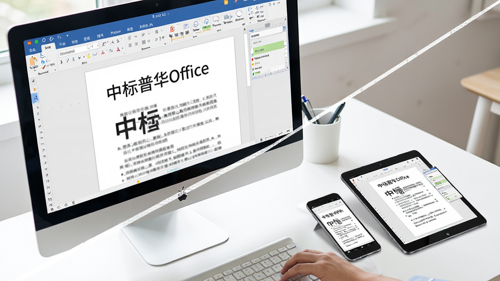 主体:用户正在使用中标普华Office编辑文档,电脑屏幕显示软件界面,周围有手机和平板设备展示多端同步。布局:左上方为电脑屏幕特写,右下方为移动设备排列,形成对比。排版:采用对角线构图,视觉焦点在屏幕文字“中标普华Office”。风格:生活化场景,自然光,办公桌面整洁。细节:屏幕上显示文档编辑状态,手机屏幕显示相同文档缩略图,体现跨设备协同。画质:高清摄影风格,干净明亮,无杂乱元素。