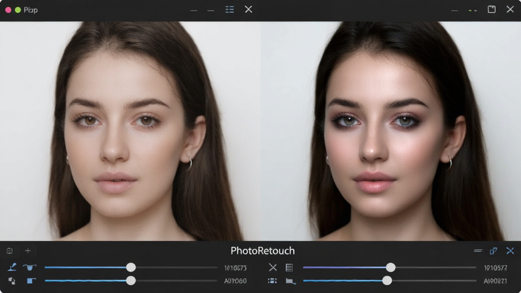 PhotoRetouch软件人像精修前后对比图,左侧为原始照片,右侧为经过磨皮、调色、美颜处理后的效果,界面下方显示工具调整滑块,文字标注“PhotoRetouch”,画质干净,无多余元素。