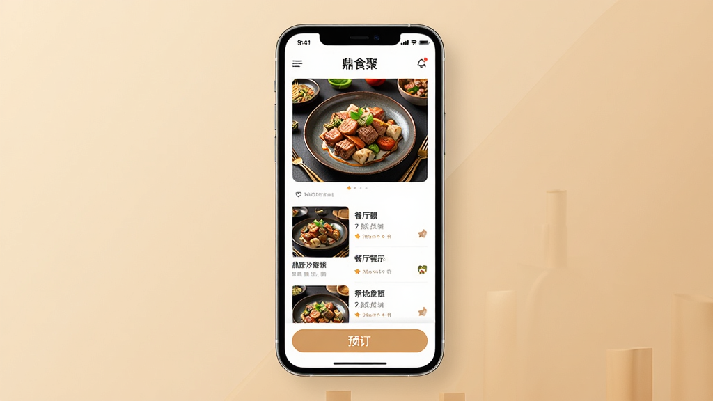一幅现代风格的美食应用界面预览图,居中展示智能手机屏幕,屏幕内显示“鼎食聚”应用首页,包含精美菜品照片、餐厅列表和预订按钮,背景为淡雅的暖色调,布局清晰,排版简洁,风格时尚,细节丰富,画质高清,干净无多余元素