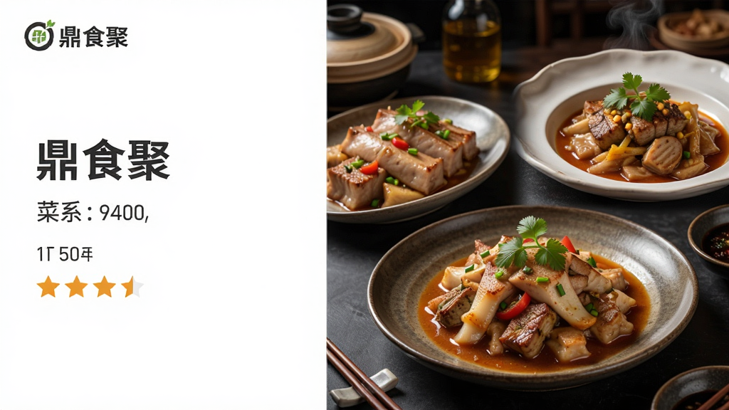 鼎食聚应用内精选餐厅列表页预览图,采用左右分栏布局,左侧显示餐厅名称、菜系与评分,右侧为诱人的菜品实拍图,界面风格简洁清晰,突出“鼎食聚”品牌标识,画质精美,细节丰富,无多余元素