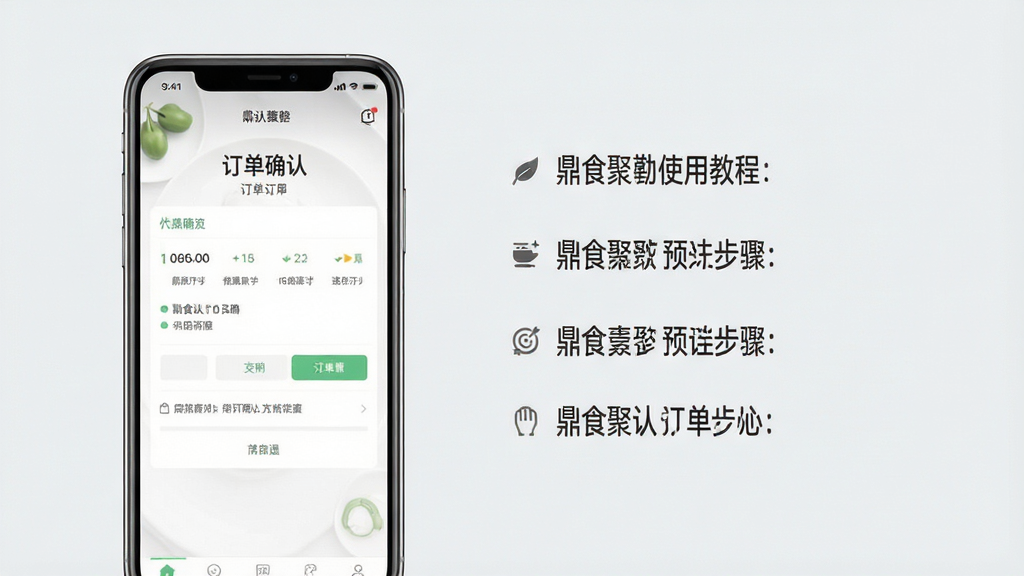 鼎食聚应用使用教程预览图,画面左侧为手机操作界面,显示订单确认页面,右侧为简洁的文字步骤说明,背景为浅灰色,风格清新,布局清晰,细节清楚,画质高清,无多余元素