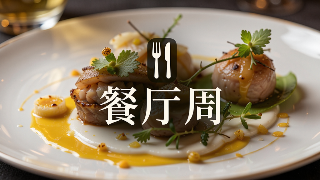 鼎食聚餐厅周活动宣传页面预览图,居中展示活动主视觉,包含刀叉图标与“餐厅周”字样,背景为精致西餐摆盘,色彩明亮诱人,排版富有设计感,风格高端,细节精致,画质清晰,无多余元素