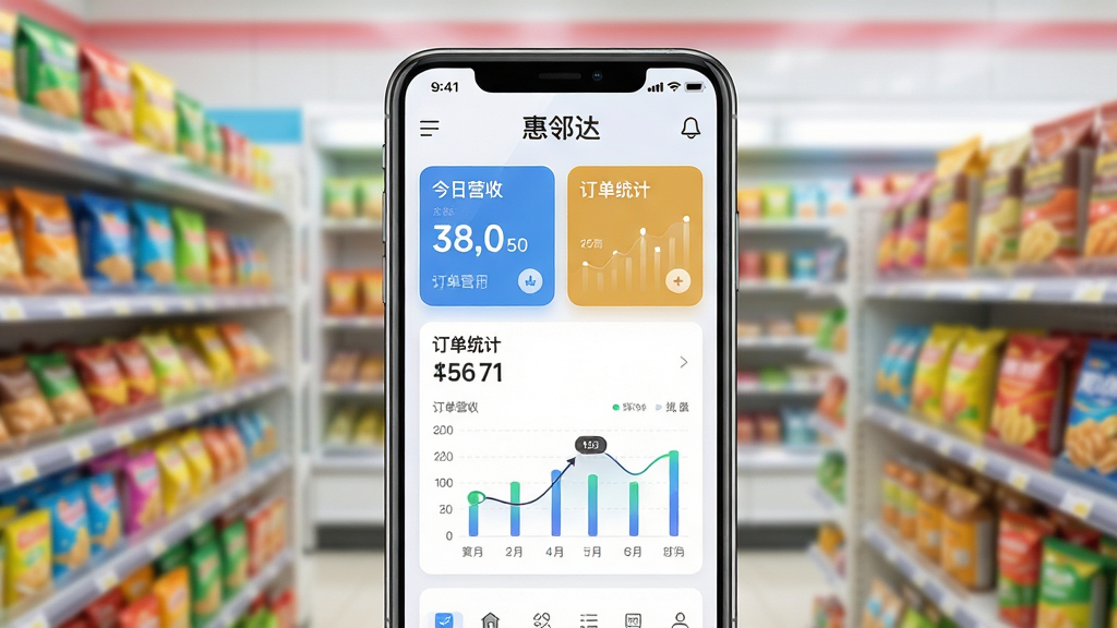 主体:手机界面展示惠邻达商家APP首页,背景为模糊的便利店货架;布局:居中构图,手机屏幕内清晰显示“今日营收”、“订单统计”彩色卡片;排版:简洁现代,数据可视化图表错落有致;风格:商业科技感,明亮通透;细节:屏幕反光自然,货架商品色彩鲜艳;画质:4K高清,干净,无多余元素