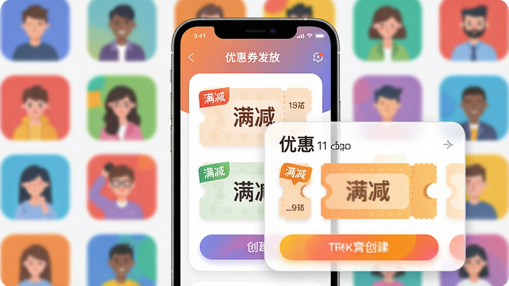 主体:手机展示会员列表与“优惠券发放”界面;布局:背景为抽象的用户头像网格,前景为营销活动创建表单;排版:卡片式布局,圆角元素丰富;风格:活泼互联网风格,色彩明快;细节:优惠券样式有“满减”标签,按钮颜色醒目;画质:8K分辨率,干净,无多余元素
