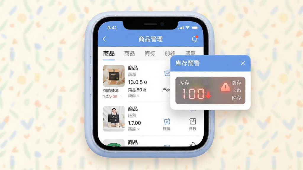 主体:惠邻达商家APP的“商品管理”界面截图被环绕在3D图标中;布局:左侧为商品列表,右侧悬浮“库存预警”弹窗;排版:信息层级分明,图标线性风格统一;风格:扁平化结合微拟物,背景淡雅;细节:商品缩略图清晰,库存数字跳动;画质:精细渲染,干净,无多余元素