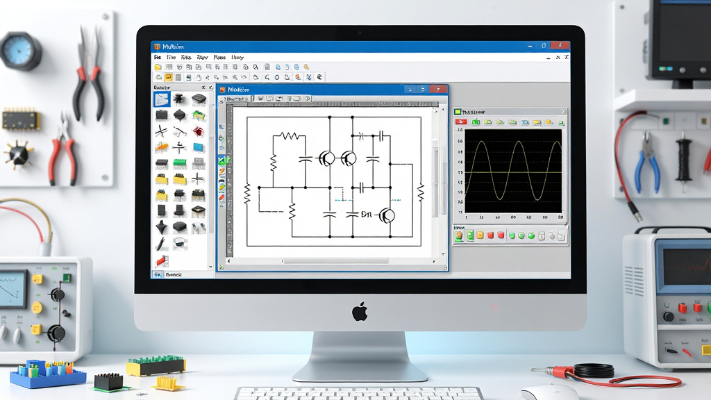 ���壺һ̨����Multisim������̨ʽ������Ļ����Ļ��������ʾ��Multisim���������棬������·ԭ��ͼ�༭���ں�����ʾ����������ʾ�����֣����Ծ��У���Ļ����Ϊ��Ҫ�Ӿ����㣬��Χ�м��Ĺ���̨�������ڷŵ���Ԫ�����͵��ߣ��Ű棺��Ļ�е�·ͼռ�������壬�����Ԫ��������壬�Ҳ��в���ͼ��������ִ��Ƽ��У�����������ɫ�����ޣ�ϸ�ڣ��������洰�ڱ�������ʾ��Multisim������·ͼ���е��衢���ݡ������ܵ�Ԫ�����ţ�����ͼ��ʾ���Ҳ������ʣ�8K�����壬�ɾ����࣬�޶���Ԫ�أ���ҵ��Ⱦ���