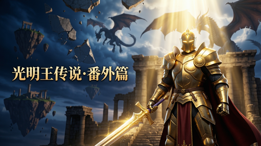 主体:光明王传说番外篇游戏主视觉,一位身披金色铠甲的光明骑士矗立在光芒万丈的古老遗迹前,手持散发圣光的长剑。布局:骑士居中偏右,左侧留白用于放置游戏标题“光明王传说番外篇”,背景是破碎的天空与悬浮的岛屿,远处隐现巨龙剪影。排版:画面采用电影级宽幅构图,骑士与背景层次分明,光效从上方倾泻而下,营造神圣与冒险交织的氛围。风格:写实奇幻CG风格,光影对比强烈,色彩以金色、深蓝和暗红为主,细节丰富,纹理清晰。画质:8K超清,光影追踪,粒子效果细腻,整体画面干净无多余元素。
