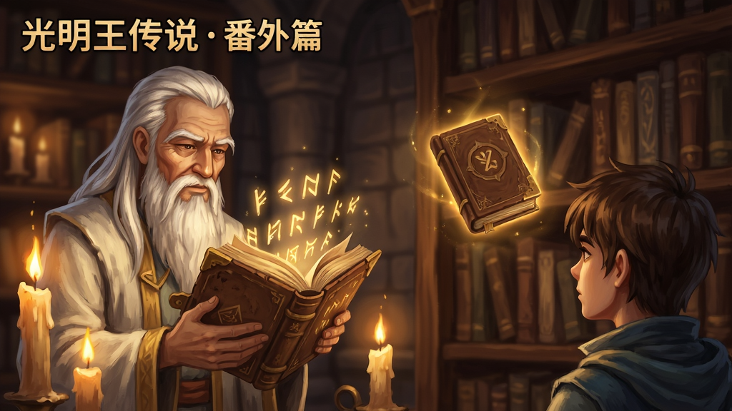 主体:《光明王传说番外篇》游戏剧情场景,一位白发老者正对年轻主角展示一本泛黄的古代典籍,书页中浮现出半透明的金色符文。布局:室内图书馆一角,暖色烛光照明,两人物位于画面左侧,右侧书架高耸,一本发光的书籍悬浮于中央。排版:对角线构图,视线引导从老者面部到发光书籍再到主角,背景虚化。风格:细腻的2D手绘风格融合动态光影,色彩温暖厚重,带有些许油画质感。画质:高分辨率,细节入微,整体氛围神秘而专注,干净无杂乱元素。
