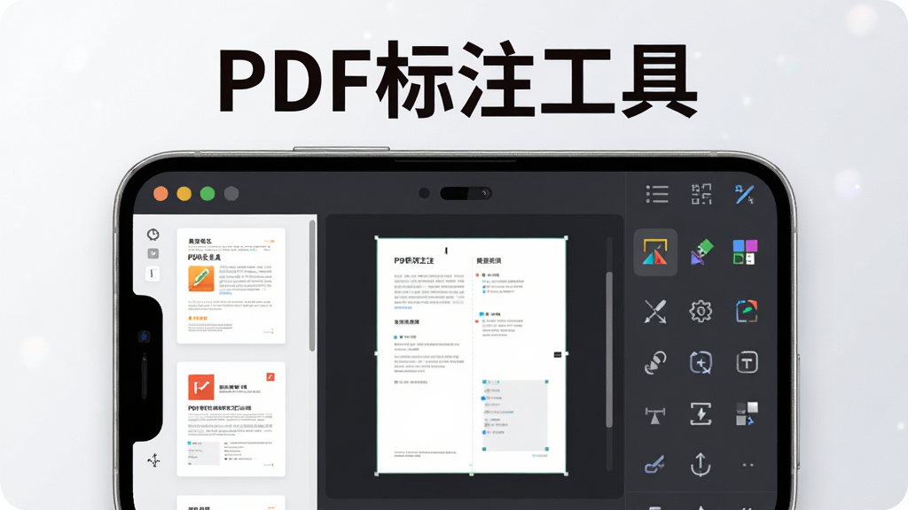 高清数字画布上,一款名为“PDF标注工具”的移动应用界面居中展示,左侧为文档缩略图栏,右侧为标注工具栏,画面上方有醒目的“PDF标注工具”字样,整体风格清爽专业,光影柔和,细节丰富,4K画质,干净背景