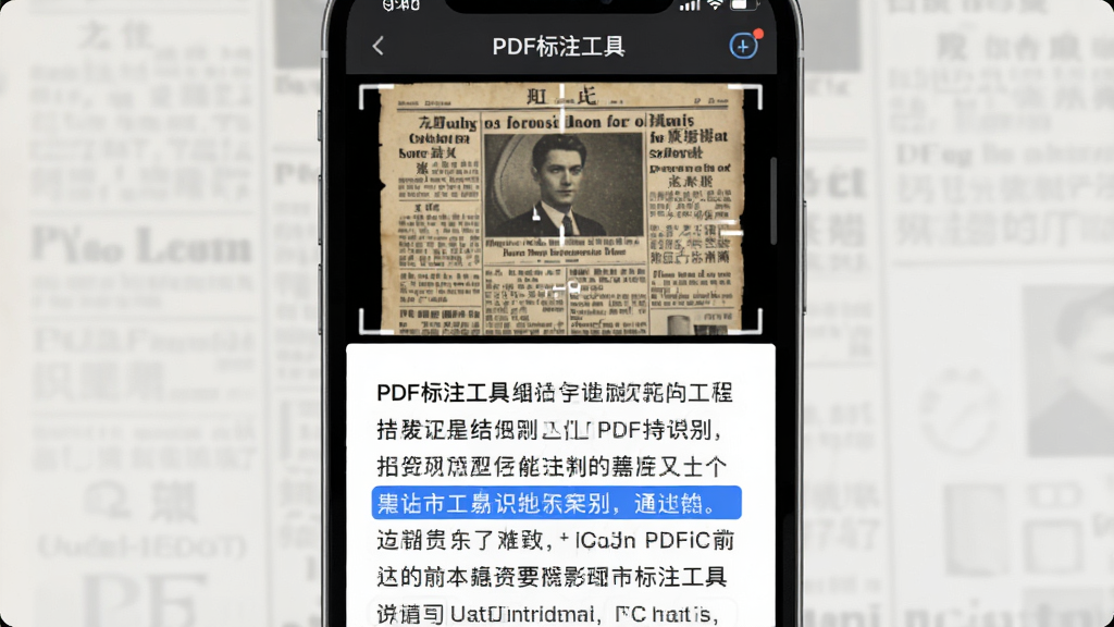 手机屏幕展示“PDF标注工具”的OCR识别功能,上方是扫描的旧报纸图片,下方是识别出的文字段落,其中一句被蓝色高亮标记,界面清晰展示识别对比效果,背景浅灰,整体布局专业,干净无多余元素