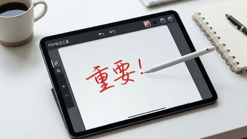 平板电脑横屏显示“PDF标注工具”手写批注界面,一支触控笔正在文档空白处书写红色批注文字“重要!”,笔迹圆润自然,屏幕上方有撤销、重做、颜色选择等图标,背景为简洁工作台,有咖啡杯和笔记本,画质细腻,风格写实,干净整洁