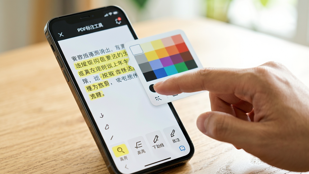 一位用户手指在手机上操作“PDF标注工具”,屏幕中一段文字被黄色高亮覆盖,旁边弹出颜色选择面板,底部工具栏显示“高亮”“下划线”“批注”等图标,手机置于木质桌面,背景虚化,光线明亮,构图清晰,干净无杂物