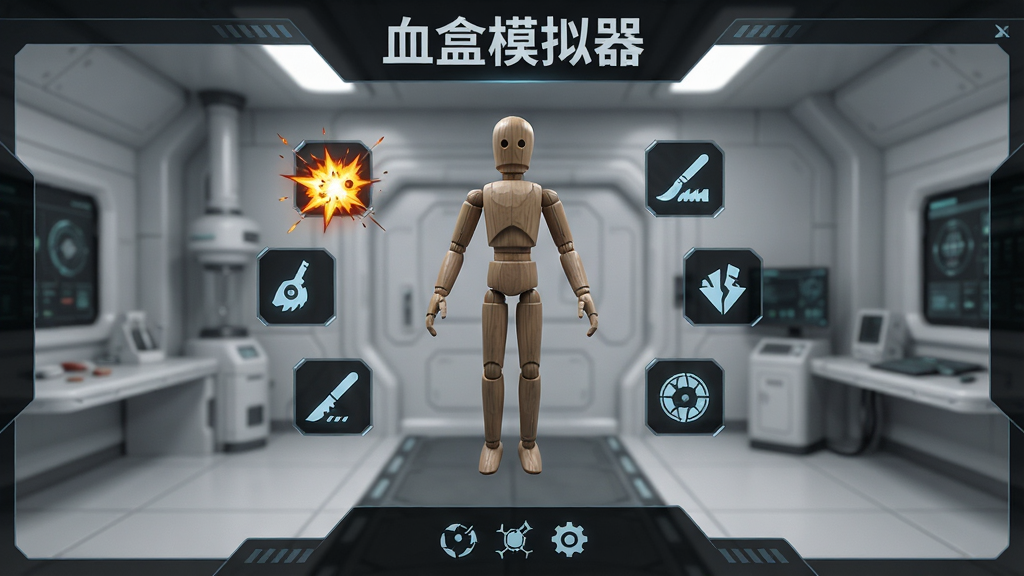 血盒模拟器主界面预览图,展示一个灰白色科幻风格实验室场景,中央悬浮着一个人形木偶,周围环绕着爆炸、切割、重力等操作图标,界面采用深色科技感UI设计,字体清晰标注“血盒模拟器”,整体画质高清,光线柔和,细节丰富,无多余元素