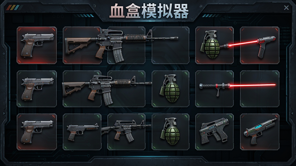 血盒模拟器武器库展示图,画面中展示了一个装备了各种武器的军火库界面,武器包括手枪、步枪、手榴弹、激光剑等,排列整齐,图标精美,背景为深色科技风,界面UI设计清晰,突出“血盒模拟器”字样,画质高清,细节丰富
