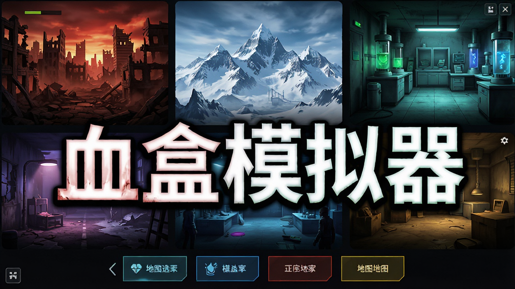 血盒模拟器沙盒地图场景展示图,画面展示了多个不同风格的场景缩略图,包括城市废墟、雪山、实验室等,每个场景都有独特的色调和光照效果,界面下方有地图选择按钮,整体风格为游戏UI设计,画质高清,色彩丰富,突出“血盒模拟器”文字