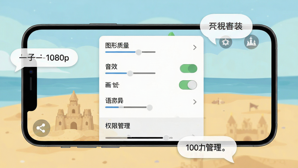 主体:手机屏幕显示沙堡模拟器游戏设置界面,有画质调节和权限管理选项。布局:手机横放,屏幕内展示设置菜单列表,周围有操作提示气泡。排版:菜单项垂直排列,清晰明了。风格:扁平化UI设计,搭配柔和背景色。细节:设置项包含图形质量、音效开关、语言选择等。画质:1080p清晰,画面干净无多余元素。