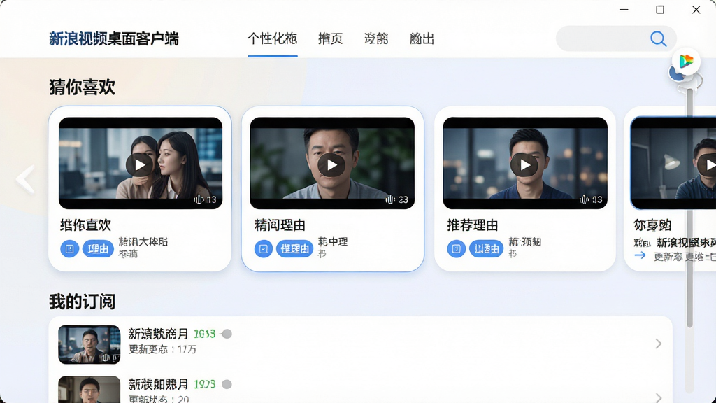 主体:“新浪视频桌面客户端”个性化推荐页面。布局:顶部为导航栏,中间为“猜你喜欢”横滑卡片区,下方为“我的订阅”列表。排版:卡片式设计,圆角矩形缩略图,推荐理由标签。风格:柔和浅色背景,蓝色点缀,现代卡片风格。细节:卡片显示视频封面、名称和推荐理由,订阅列表显示更新状态。画质:高清界面,干净,无多余元素。