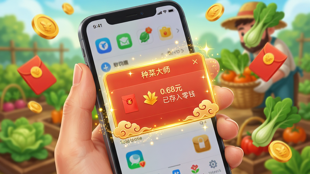 画面主体为一只手拿着手机,屏幕显示“种菜大师”的红包到账弹窗,弹窗上有“0.68元已存入零钱”字样,背景是模糊的菜园丰收场景。布局为手机略微倾斜,手部自然握持,弹窗有金色描边和闪闪发光的粒子特效,周围有金币、红包、蔬菜的漂浮元素。风格为高饱和度卡通插画,细节包括手指指纹、手机屏幕界面图标、红包上的祥云纹理,画质细腻,明亮通透,无多余水印。