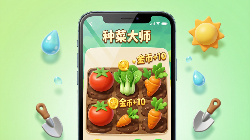 画面主体为一部智能手机屏幕,屏幕上显示“种菜大师”的卡通菜园主界面,界面中有鲜艳的番茄、青菜、胡萝卜等作物,作物上方有金色的“金币+10”飘字特效。布局为手机居中,浅绿色渐变背景,周围悬浮着水滴、太阳、小铲子等Q版元素,排版清爽明亮。风格为3D卡通渲染,色彩饱满,细节包括土壤纹理、叶片脉络、手机屏幕反光,画质高清,干净无多余元素。