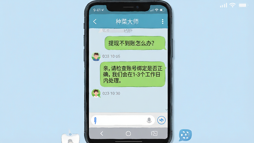 一张手机截图风格的画面,屏幕中央显示“种菜大师”的客服聊天界面,用户发送“提现不到账怎么办?”客服回复“亲,请检查账号绑定是否正确,我们会在1-3个工作日内处理。”背景为手机系统桌面,可看到时间状态栏。布局为手机竖屏居中,背景为淡蓝色,聊天气泡一绿一白,清晰可读。风格为模拟手机UI插画,细节包括消息时间戳、输入框、虚拟按键,画质干净,无多余装饰。