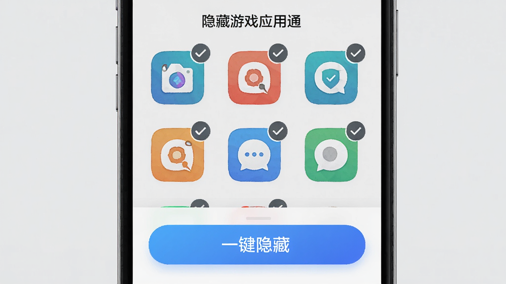 手机屏幕展示“隐藏游戏应用通”的批量选择界面,界面中多个应用图标呈网格排列,每个图标右上角有对勾标记,底部有醒目的“一键隐藏”按钮,按钮为蓝色渐变风格,界面简洁清晰,背景为浅灰色,整体风格扁平化,画质干净无多余元素。
