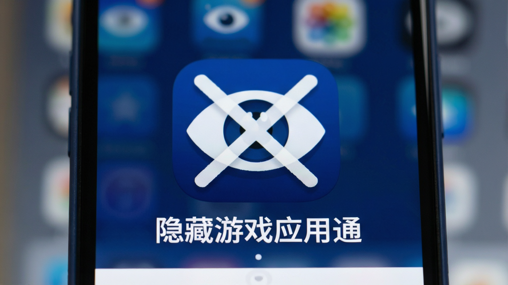 一张智能手机屏幕的特写,屏幕上一款名为“隐藏游戏应用通”的软件界面清晰可见,界面主色调为深蓝色与白色相间,中央有一个大大的眼睛图标被一道斜杠划掉,暗示“隐藏”功能,背景虚化处理,突出软件图标与名称文字,整体风格简洁现代,画质高清,干净无多余元素。