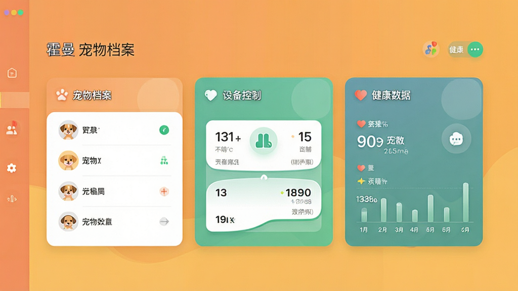 霍曼宠物软件主界面预览图,展示宠物档案、设备控制、健康数据三大核心模块,采用卡片式布局,暖色调背景,现代扁平化设计风格,UI清晰简洁,画质高清干净,无多余元素