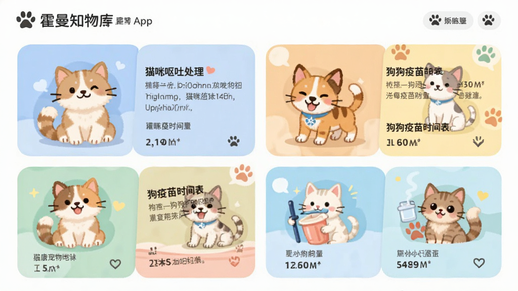 霍曼宠物App健康知识库页面,展示猫咪呕吐处理、狗狗疫苗时间表等文章卡片,配以可爱的宠物插图,明亮柔和色彩,排版整齐,扁平插画风格,画质清晰干净