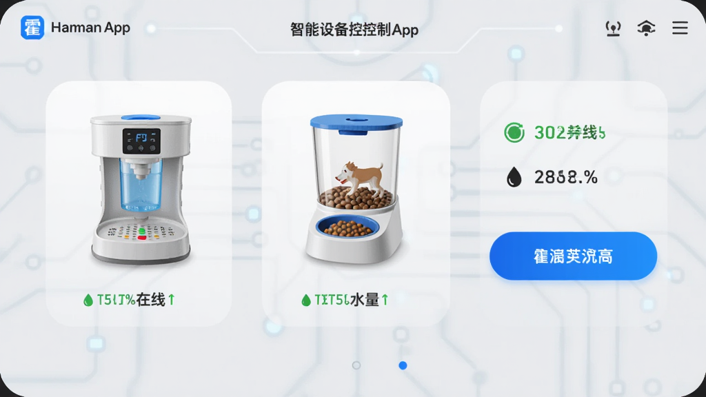 霍曼宠物App智能设备控制页面,展示饮水机、喂食器图标,显示在线状态与水量百分比,背景为浅灰色科技感界面,蓝色高亮按钮,产品渲染图风格,细节丰富,画质干净无多余元素