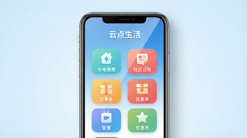 主体:智能手机屏幕展示“云点生活”主界面,界面包含水电缴费、社区公告、优惠券等彩色图标。布局:手机居中,背景为干净的浅蓝色渐变,屏幕内容清晰可见。排版:界面图标采用圆角网格排列,顶部显示“云点生活”品牌字样。风格:现代扁平化设计,色彩明亮清新。细节:手机边缘有柔和阴影,屏幕反射微光,整体突出便捷与智能感。画质:高清渲染,干净无多余元素。