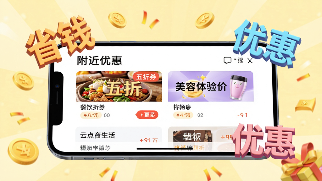 主体:手机屏幕展示云点生活app内的“附近优惠”页面,列表显示餐饮五折券、美容体验价等卡片。布局:手机横屏展示,周围漂浮着“省钱”“优惠”等立体字样。排版:优惠卡片清晰排列,每个卡片带有商户名称和折扣标签。风格:活泼促销风格,色彩鲜艳,吸引眼球。细节:背景为淡黄色,有金币和礼花元素点缀。画质:高清渲染,干净无多余元素。