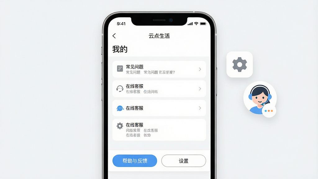 主体:手机屏幕上显示云点生活app的“我的”页面,下方有“帮助与反馈”和“设置”按钮。布局:手机居中,右侧有齿轮图标和客服头像悬浮。排版:界面整洁,功能列表清晰。风格:清爽简约,背景为白色与浅灰。细节:屏幕中有“常见问题”和“在线客服”入口。画质:高清,干净无多余元素。