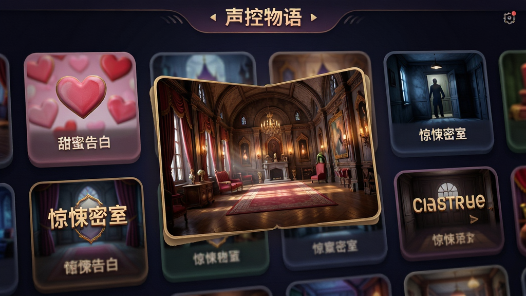 主体为“声控物语”情景剧场的选择界面,屏幕上排列着多个带有“甜蜜告白”、“惊悚密室”等标题的3D场景卡片,中央一张卡片呈展开状态,展示着古堡内部的华丽装饰。布局采用卡片流式排列,焦点居中。整体风格为精致的3D渲染结合UI界面,光影效果真实,氛围感强,色彩浓郁有层次,细节表现丰富,画面干净,无多余UI干扰。