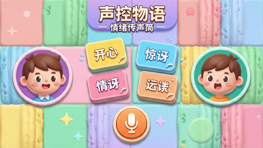主体为“声控物语”中“情绪传声筒”游戏的对战界面,左右两侧各有一位卡通角色头像,中间悬浮着“开心”、“惊讶”等情绪词卡,屏幕底部有醒目的麦克风按钮。布局采用左右对称式,背景是明快的马卡龙色块拼接。整体风格活泼卡通,UI元素立体感强,层次分明,色彩鲜亮,细节精致,画质清晰,无多余杂物。