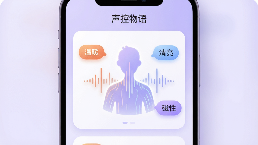 图片主体为“声控物语”应用内的声音画像生成界面,中央是一个由声波线条勾勒出的抽象人形轮廓,周围分布着“温暖”、“清亮”、“磁性”等文字标签。整体布局清晰,界面卡片式排列,背景采用浅紫色渐变。风格为扁平化UI设计,但带有细腻的微质感,图标圆润可爱。画面干净整洁,色彩柔和舒适,无多余元素。