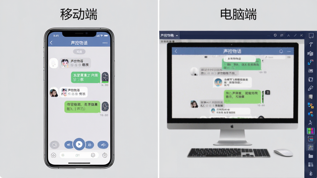 主体为一张分屏对比图,左半部分显示手机端“声控物语”的聊天界面,右半部分显示电脑模拟器中运行“声控物语”的界面。布局采用左右分割构图,中间以白色细线隔开,背景为纯净的浅灰色。风格为清晰的教程示意图,界面元素高度还原,标注有“移动端”与“电脑端”字样。整体风格专业简洁,色彩还原真实,画质干净清晰,无多余元素。
