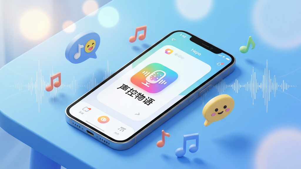画面主体为一部亮屏的智能手机,屏幕中央显示“声控物语”APP的彩色图标与名称,手机斜放在渐变蓝色调的桌面上,周围环绕着轻盈的音符与对话气泡的立体装饰。布局采用中心构图,手机为视觉焦点,背景辅以柔和的光斑与声波线条。整体风格现代简约,融合科技感与温暖治愈气息,色彩明快通透,细节处如屏幕内界面元素、气泡表情均清晰可辨,画质高清干净,无多余元素。