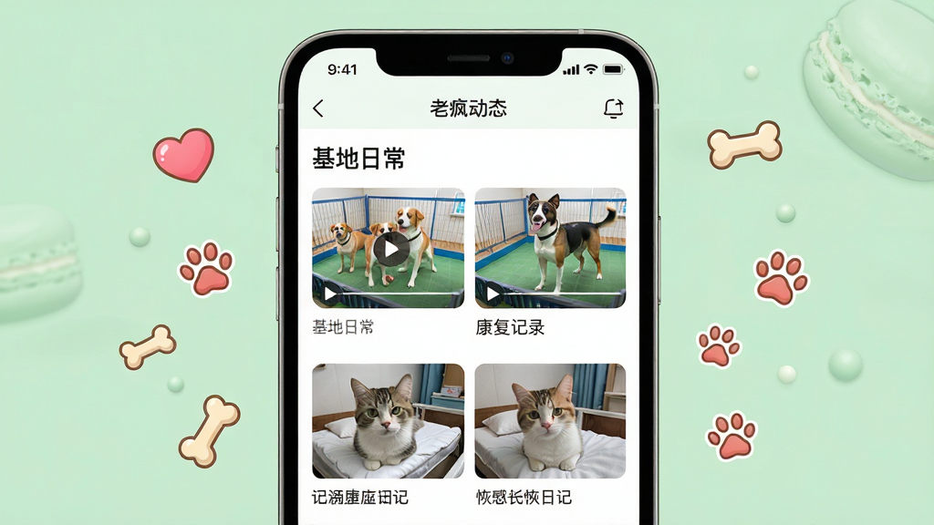 手机屏幕展示着老疯杨APP的“救助动态”界面,界面内有几只不同品种的狗在干净围栏里玩耍的视频缩略图,以及猫咪手术后恢复的照片日记。主体是手机,手机周围漂浮着爱心、骨头、爪印等小图标。布局为手机居中,背景是淡绿色马卡龙色。排版清晰,界面文字可辨认为“基地日常”“康复记录”。风格清新卡通,细节精致,画质干净明亮,无多余杂乱元素。