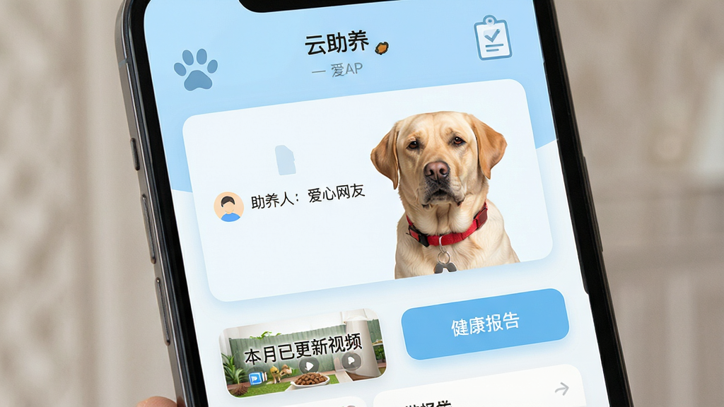 一张老疯杨APP“云助养”功能的界面截图,画面中央是一只戴着红色项圈的拉布拉多犬,旁边显示“助养人:爱心网友”。界面下方有“本月已更新视频”和“健康报告”按钮。主体为手机界面元素,布局干净,采用浅蓝色背景,卡片式设计。风格简洁现代,细节包括狗粮、疫苗本等小图标,画质高清,无多余文字。